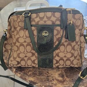 Coach Tan and Green Signature Shoulder Bag
